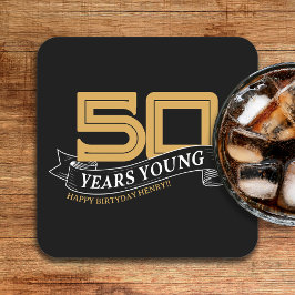 Porta-copo De Papel Quadrado Jovem faixa de 50 anos preto e Dourado 50º anivers