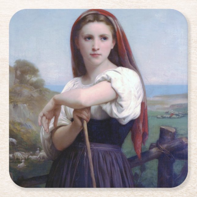 Porta-copo De Papel Quadrado Jovem Pastora, Bouguereau (Frente)
