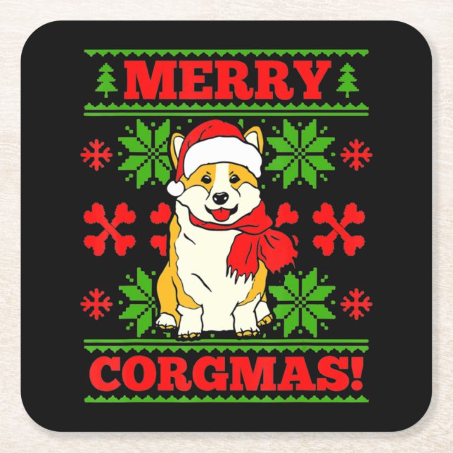 Porta-copo De Papel Quadrado Joyeux Noël Corgmas Corgi (Frente)