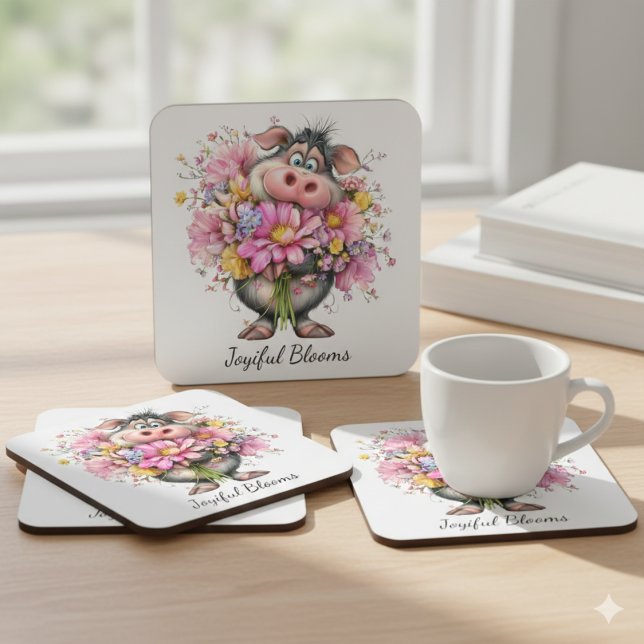 Porta-copo De Papel Quadrado Joyiful Blooms Cute Pig Floral Coaster (Criador carregado)