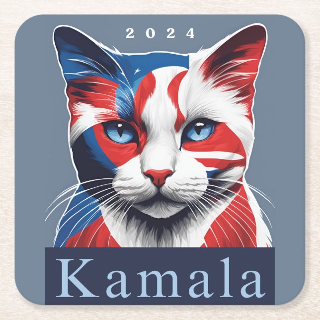 Porta-copo De Papel Quadrado Kamala Cat 2024 Democrata nas eleições dos EUA (Frente)