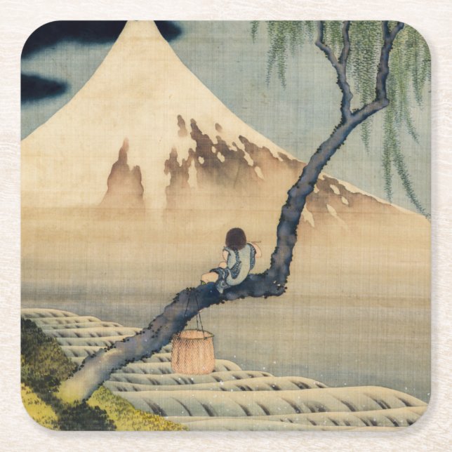 Porta-copo De Papel Quadrado Katsushika Hokusai - Menino Vivendo o Monte Fuji (Frente)