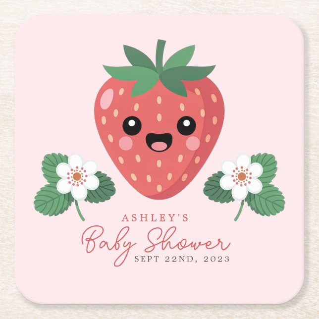 Porta-copo De Papel Quadrado Kawaii Strawberry Baby Shower (Frente)