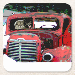Porta-copo De Papel Quadrado Keeshond Christmas Old Truck Painting Art