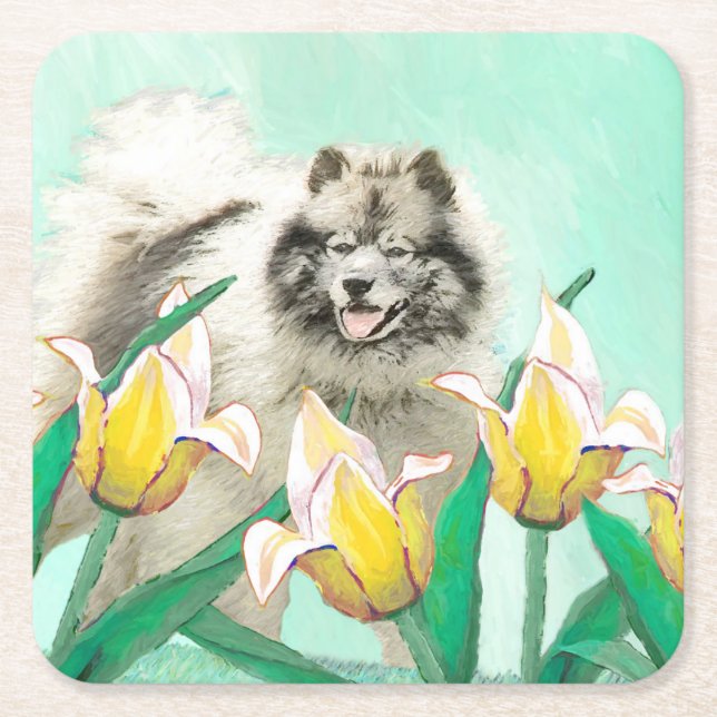 Porta-copo De Papel Quadrado Keeshond em Tulips pintando lindas artes caninas o (Frente)