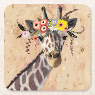 Porta-copo De Papel Quadrado Klimt Giraffe Coroa De Flores
