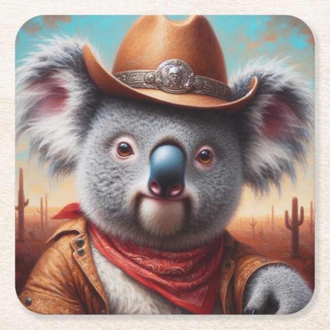 Porta-copo De Papel Quadrado Koala Cowboy (Frente)