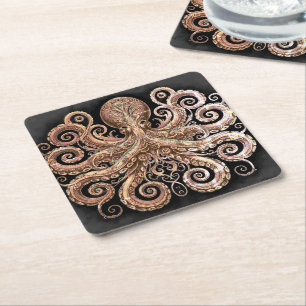 Porta-copo De Papel Quadrado Kraken Steampunk Octopus Ornamentado Dourado Negro