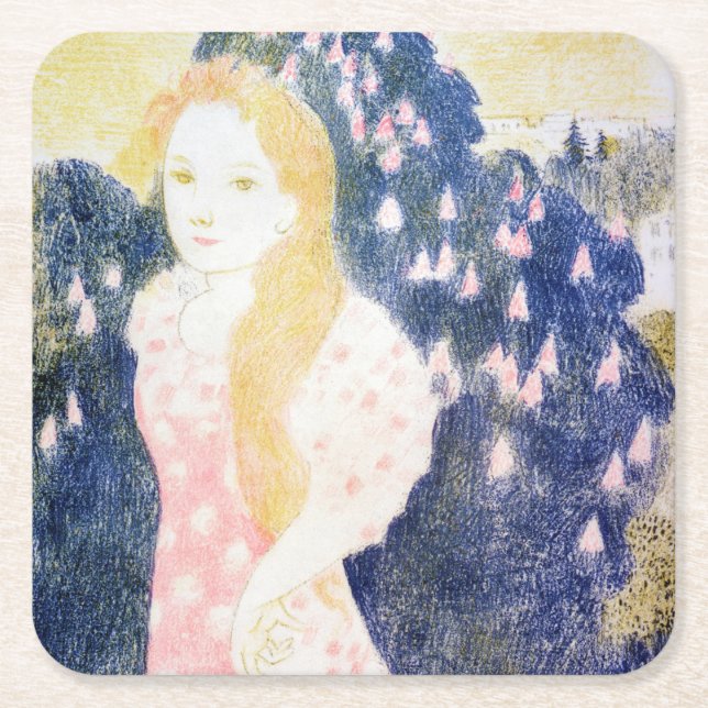 Porta-copo De Papel Quadrado Lady em vestido rosa, Maurice Denis (Frente)