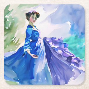 Porta-copo De Papel Quadrado Lady in Blue Vress - Pintura por Aquarela