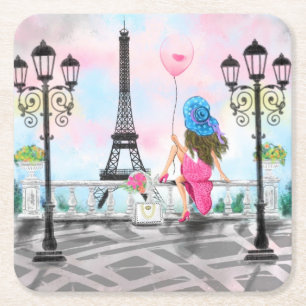 Porta-copo De Papel Quadrado Lady with Pink Balloon Paper Porta copos I Love Pa