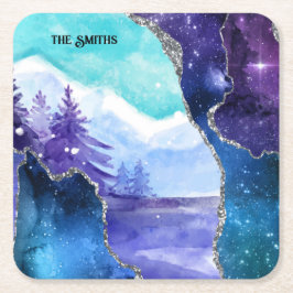 Porta-copo De Papel Quadrado Lago de Neve Mágica Roxo e Teal