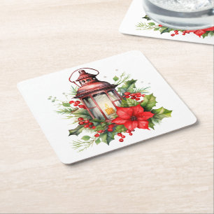 Porta-copo De Papel Quadrado Lanterna de Natal Vermelho Poinsettia e Pinheiro