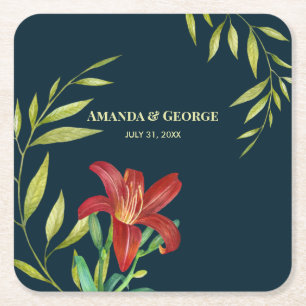 Porta-copo De Papel Quadrado Laranja Aquarela Ilustração Lily Escura Turquesa