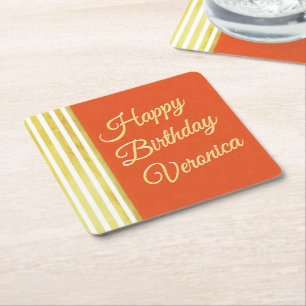 Porta-copo De Papel Quadrado Laranja e Dourada personalização do Aniversário