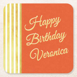 Porta-copo De Papel Quadrado Laranja e Dourada personalização do Aniversário