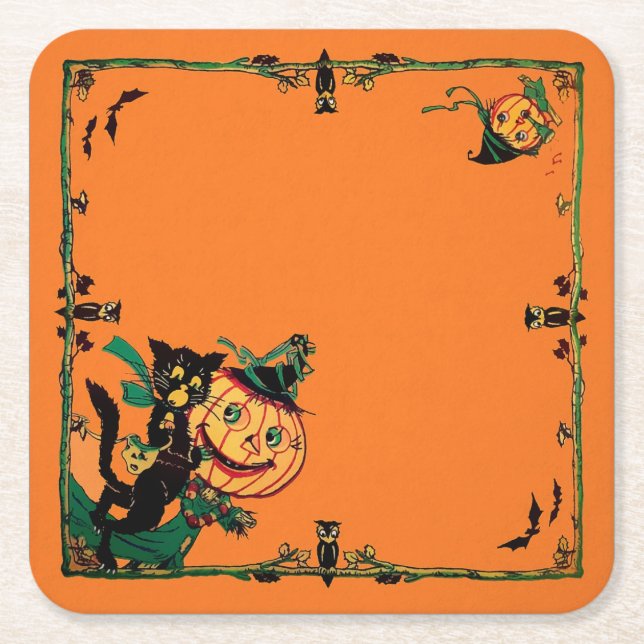 Porta-copo De Papel Quadrado Laranja Halloween retrô (Frente)