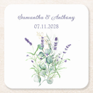 Porta-copo De Papel Quadrado Lavanda Eucalyptus Watercolor Herbs Casamento