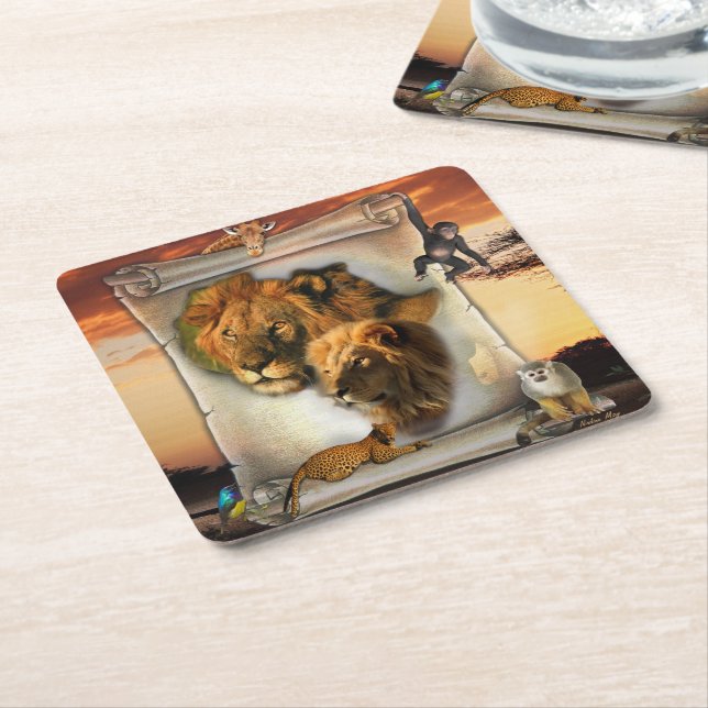 Porta-copo De Papel Quadrado Leão de vida selvagem da África (Inclinado)
