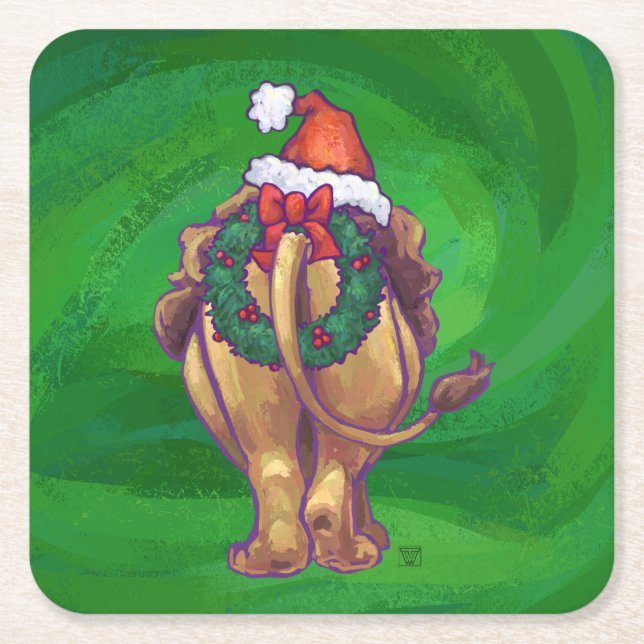 Porta-copo De Papel Quadrado Leão Natal Em Verde (Frente)