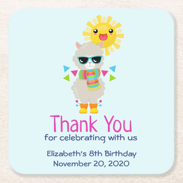 Porta-copo De Papel Quadrado Legal Llama e sorrindo Kawaii Sun Aniversário (Frente)