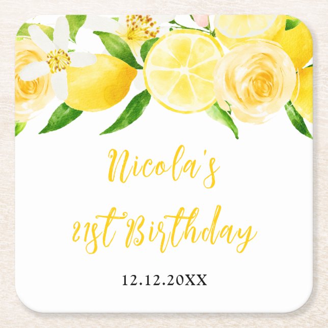 Porta-copo De Papel Quadrado Lemons and Foliage Birthday (Frente)