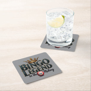 Porta-copo De Papel Quadrado Lenda do Bingo Coroada em Tipografia Retro Dourada
