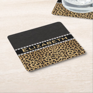 Porta-copo De Papel Quadrado Leopard Spot Rhinestone Diamantes Monograma FOTO