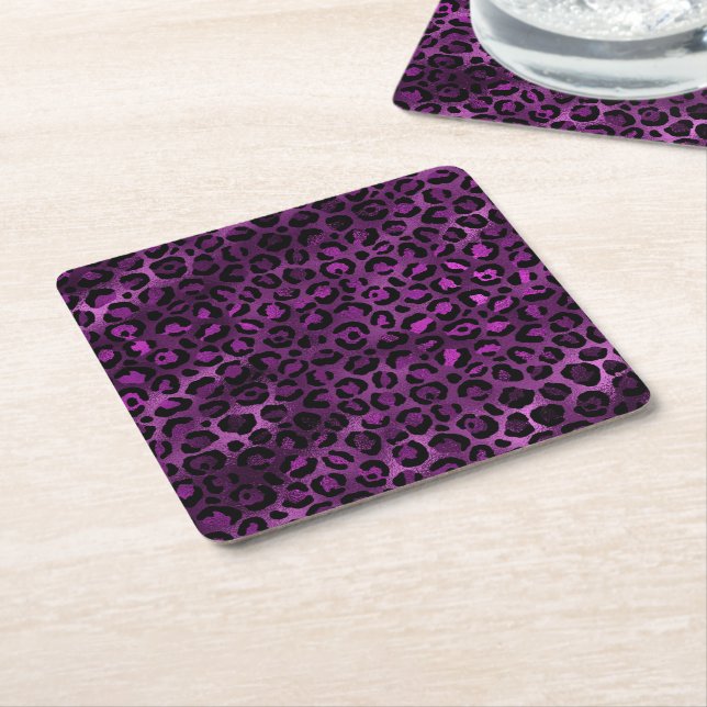 Porta-copo De Papel Quadrado Leopardo roxo e Dourado Design 3 (Inclinado)