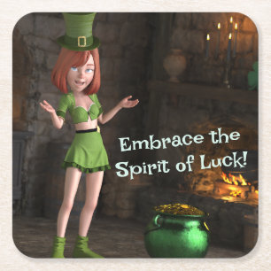 Porta-copo De Papel Quadrado Leprechaun Toon Girl ao lado do Pote da Dourada