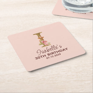 Porta-copo De Papel Quadrado Letra I Monograma Dourado Rosas Rosa Beijo