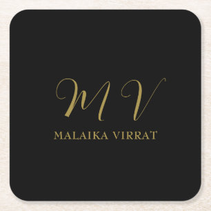 Porta-copo De Papel Quadrado Letra Inicial Monograma Ouro Preto Luxo Nome 