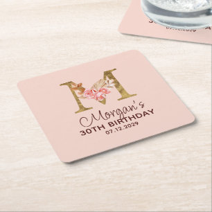 Porta-copo De Papel Quadrado Letra M Monograma Dourado Rosas Rosa Bege