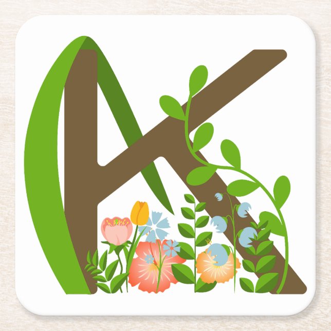 Porta-copo De Papel Quadrado Letra maiúscula K monograma floral (Frente)