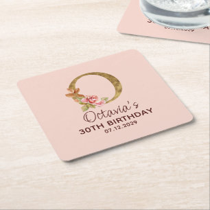 Porta-copo De Papel Quadrado Letra O Monograma Dourado Rosas Rosa Beijo