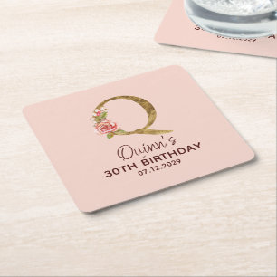 Porta-copo De Papel Quadrado Letra Q Monograma Dourado Rosas Rosa Beijo