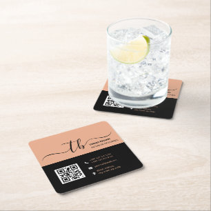 Porta-copo De Papel Quadrado Letra Simples Monograma Inicial   Pêssego e preto