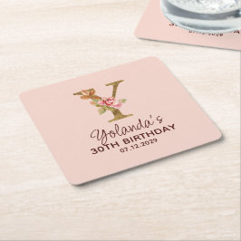 Porta-copo De Papel Quadrado Letra Y Monograma Dourado Rosas Rosa Beijo