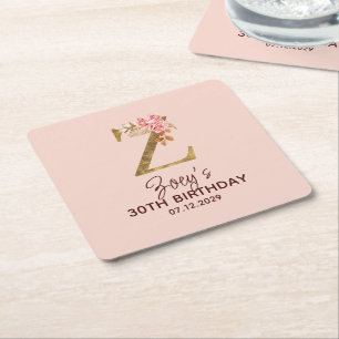 Porta-copo De Papel Quadrado Letra Z Monograma Dourado Rosas Rosa Beijo