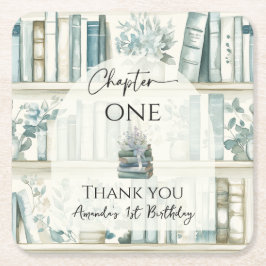 Porta-copo De Papel Quadrado Library Chapter ONE Blue Boy Book 1st Birthday