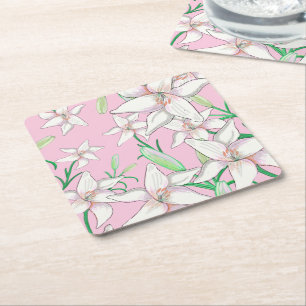 Porta-copo De Papel Quadrado Lillies Brancos na Ilustração de Fundo Rosa