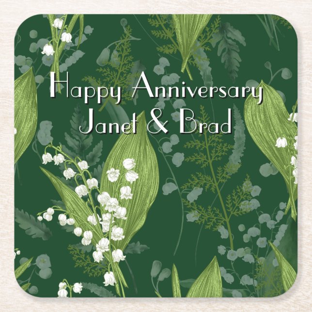 Porta-copo De Papel Quadrado Lily of Valley com Ferns | Verde Escuro Personaliz (Frente)