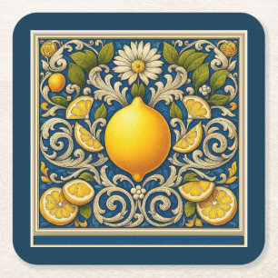 Porta-copo De Papel Quadrado Limão Amalfi Azul Mediterrâneo Art Nouveau
