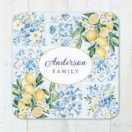 Porta-copo De Papel Quadrado Limão-Azulejo Italiano Azul-Cor-de-Água Personaliz