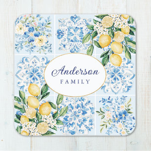 Porta-copo De Papel Quadrado Limão de Azulejo Italiano Azul Aquarela Personaliz