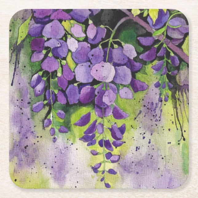 Porta-copo De Papel Quadrado Lindas Flores De Wisteria Em Aquarela (Frente)