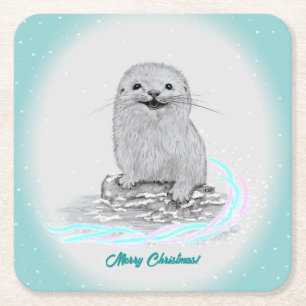 Porta-copo De Papel Quadrado Lindo Bebê de Lontra Marinha Branca, Feliz Natal