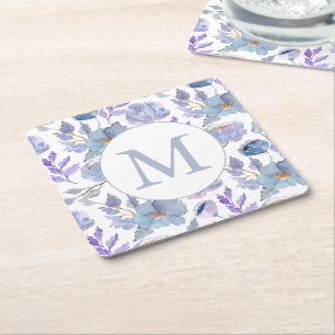 Porta-copo De Papel Quadrado Lindo Monograma Floral em Aquarela Lilás Azul Empo