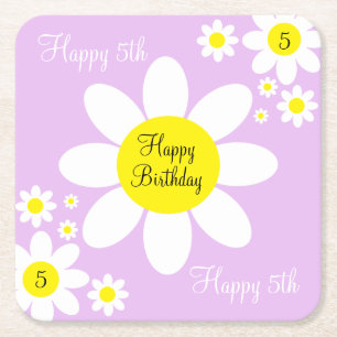 Porta-copo De Papel Quadrado Lindo Roxo Claro e Floral Branco Aniversário de 5
