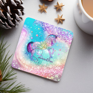 Porta-copo De Papel Quadrado Lindo unicórnio rosa Glitter arco-íris aqua monogr